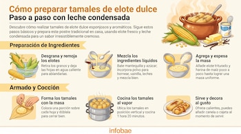 Infografía de receta con ilustraciones: elotes, ingredientes para tamales, proceso de mezcla, armado, cocción en vaporera y tamales servidos.