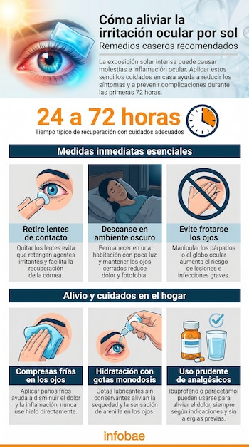 Infografía con ilustraciones que muestran pasos para aliviar la irritación ocular por el sol, incluyendo retiro de lentes, descanso, compresas, gotas y analgésicos.