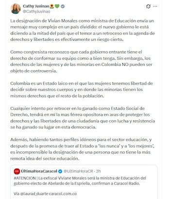 Cathy Juvinao advirtió que la eventual llegada de Viviane Morales al Ministerio de Educación podría representar un retroceso en derechos y libertades - crédito @CathyJuvinao/X