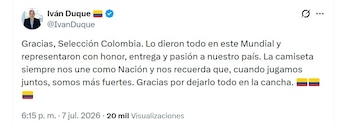 El expresidente Iván Duque agradeció la entrega de la Selección Colombia y aseguró que el equipo representó al país con honor durante el Mundial - crédito @IvanDuque/X