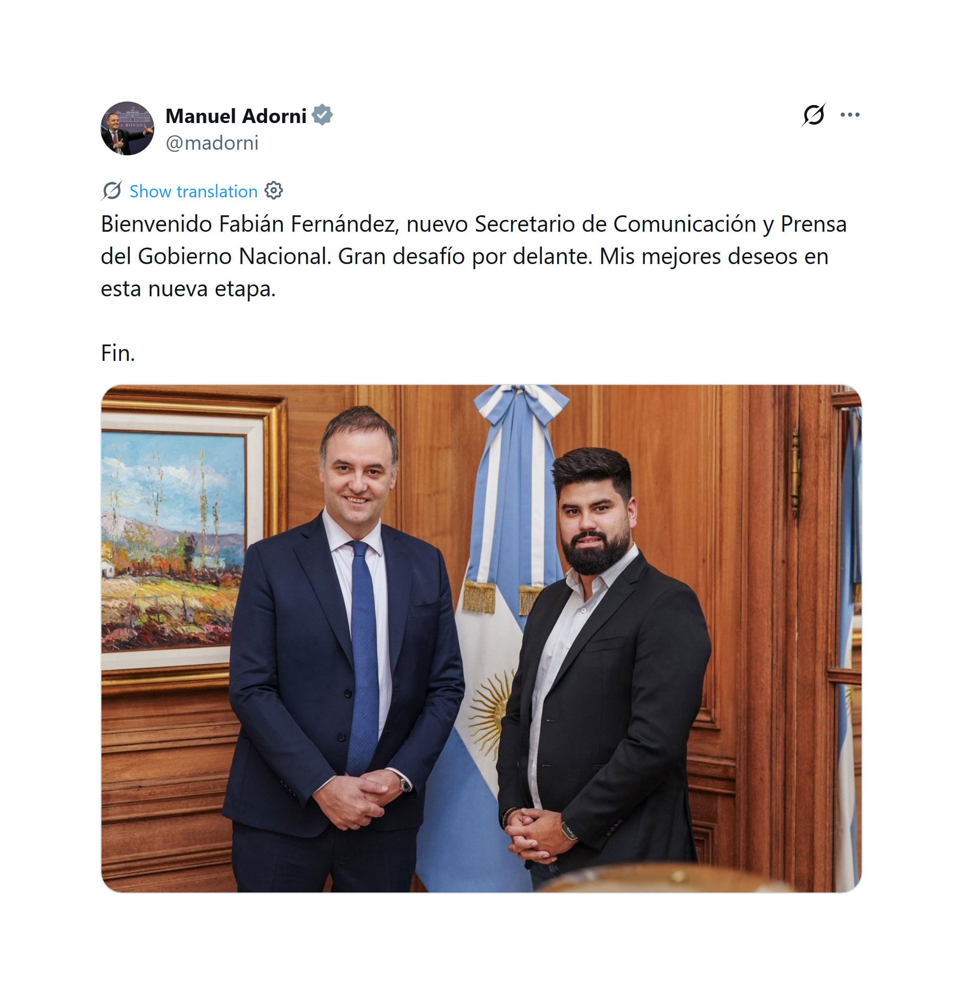El tuit con el que Adorni le dio la bienvenida a Fernández