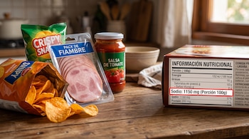 Bolsas de frituras, un paquete de fiambre, un frasco de salsa y una caja con una tabla nutricional resaltada sobre una mesa de madera.