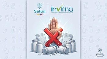 Frascos de medicamentos rotos, bolsas blancas, una mano con una cruz roja y los logotipos del Ministerio de Salud y del Invima.