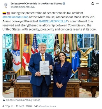 La embajadora María Consuelo Araújo transmitió a Donald Trump el compromiso de Abelardo de la Espriella con una relación fortalecida entre Colombia y Estados Unidos - crédito Embajada de Colombia en Estados Unidos/X