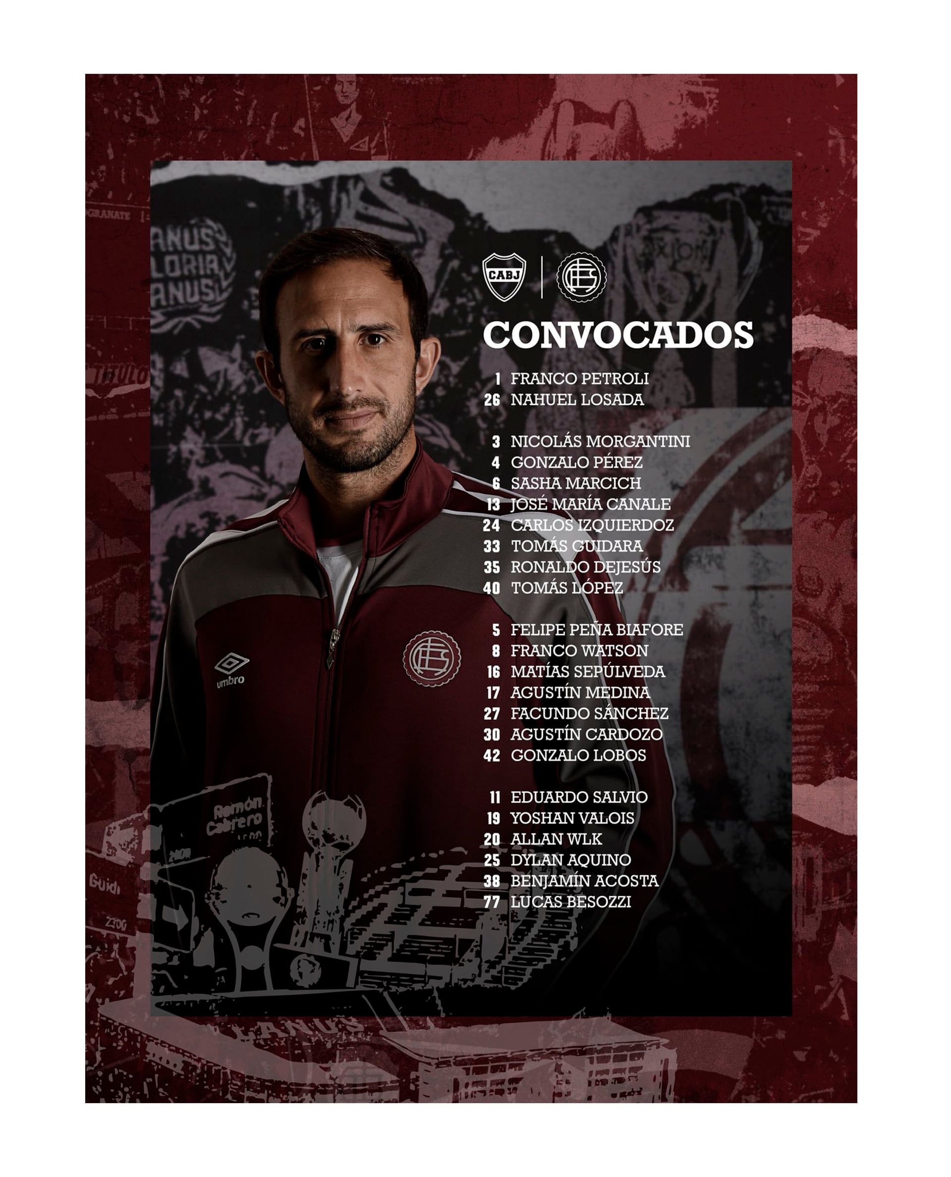 El Club Atlético Lanús publica la lista de futbolistas citados para el partido ante Boca Juniors.