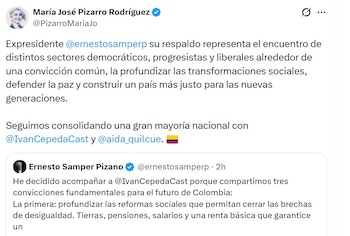 María José Pizarro sostuvo que el respaldo de Ernesto Samper representa una convergencia de sectores democráticos, progresistas y liberales que comparten una agenda política común - crédito @PizarroMariaJo/X