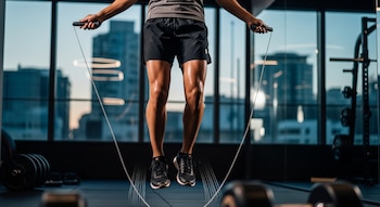 Una persona con pantalones cortos y zapatillas negras salta la cuerda en un gimnasio. Sus piernas están sudorosas. Al fondo, a través de grandes ventanas, se ven edificios urbanos.