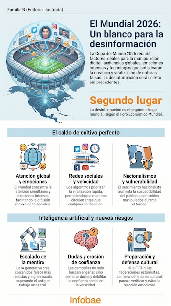 Infografía de un estadio de fútbol sobre un mapa de Norteamérica, con íconos de redes sociales y rostros de personas. La imagen visualiza el riesgo de desinformación.