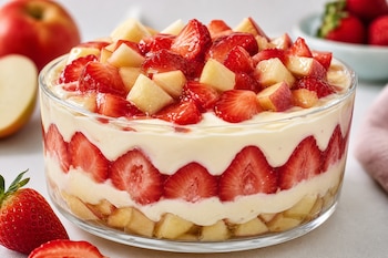 Tazón de vidrio con capas de manzana picada, fresas laminadas y crema, acompañado de frutas sobre una superficie clara.