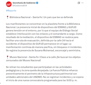 Reporte oficial de las autoridades por las actividades de manifestación del 22 de octubre - crédito Secretaría de Gobierno / X