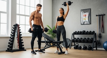 Hombre sin camiseta y mujer en ropa deportiva levantando mancuernas ajustables en un gimnasio doméstico con estantes de pesas y una banca.