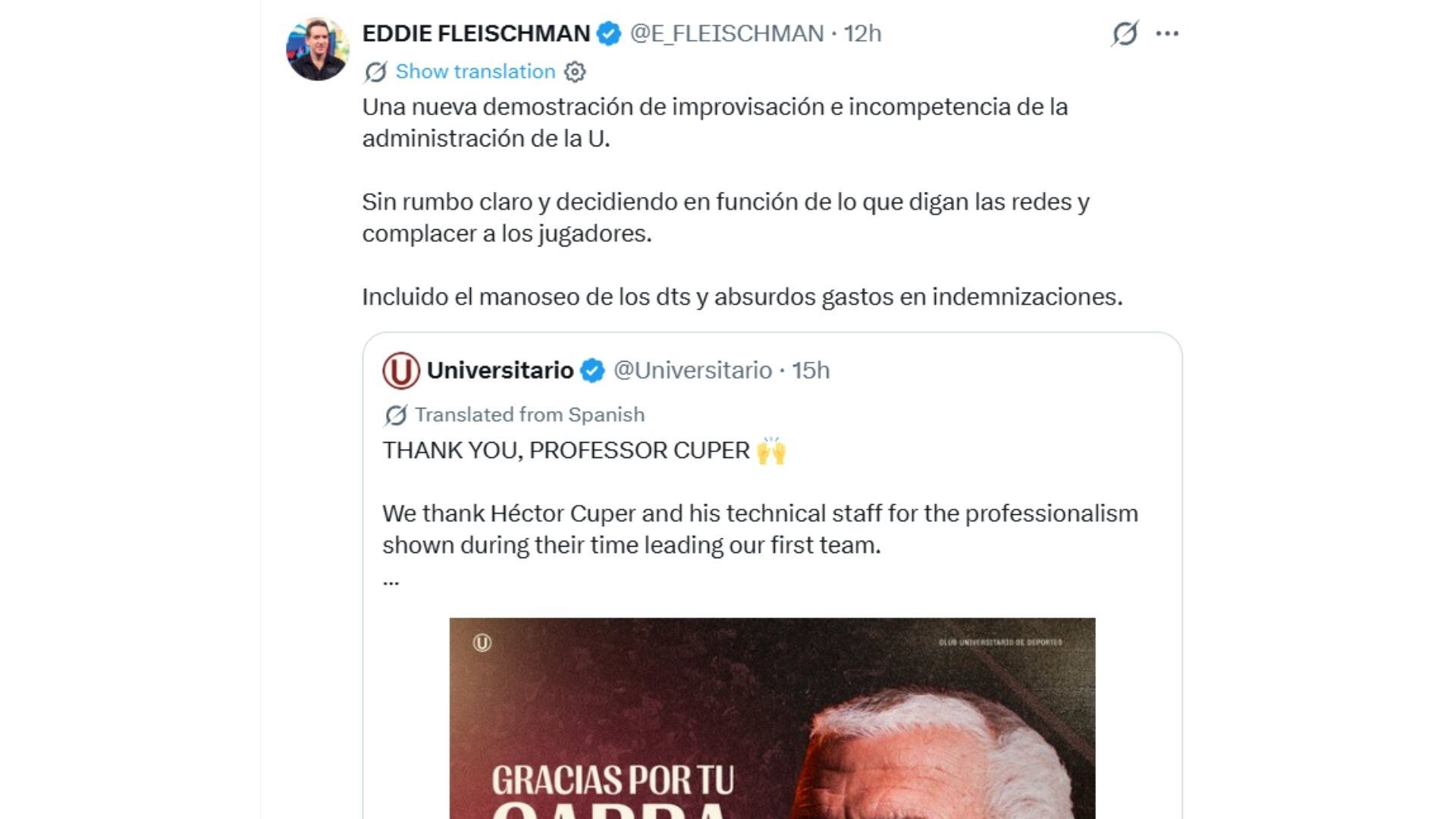 Eddie Fleischman criticó a Universitario por la salida de Héctor Cúper: “Para complacer a los jugadores. Manoseo de los Dts”