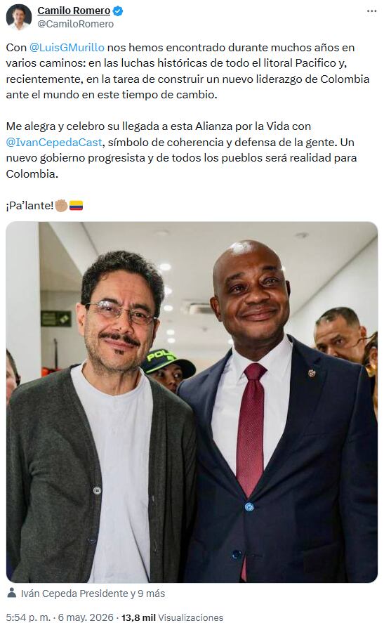 Camilo Romero celebró adhesión de Luis Gilberto Murillo y destacó la consolidación de un gobierno progresista - crédito @CamiloRomero/X