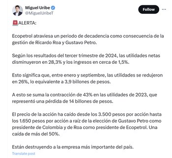 El senador Miguel Uribe culpó