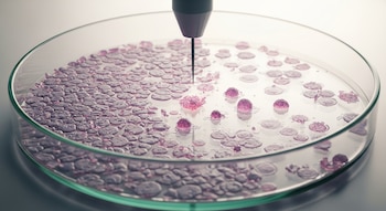 Placa de Petri con líquido y numerosas células de color rosa púrpura, algunas esféricas y otras planas, y una aguja descendiendo sobre una de ellas.