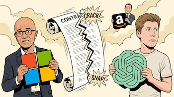 Caricatura editorial de Satya Nadella y Sam Altman con un contrato roto en el centro. Un representante de Amazon sonríe desde el fondo.