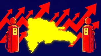 Silueta amarilla del mapa de República Dominicana flanqueada por dos surtidores rojos de combustible y flechas rojas sobre un fondo azul.