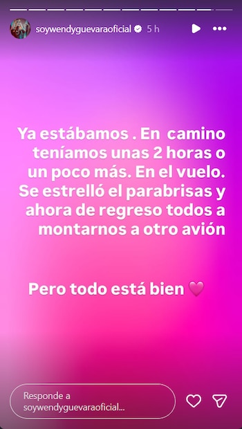 Captura de pantalla de una historia de Instagram de @soywenguevaraoficial con texto blanco sobre un fondo degradado rosa y morado, explicando un incidente en vuelo