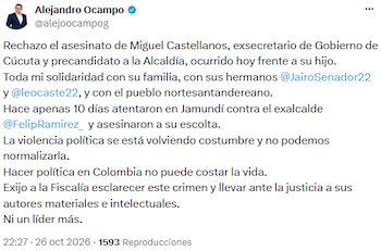 Alejandro Ocampo alertó por la violencia contra dirigentes - crédito @alejoocampog/X