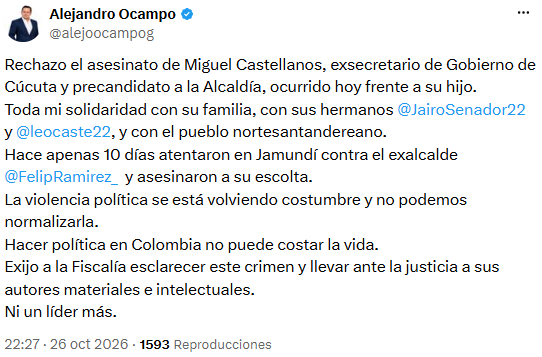 Alejandro Ocampo alertó por la violencia contra dirigentes - crédito @alejoocampog/X