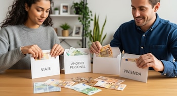 Una pareja coloca billetes de euro y monedas en cuatro sobres blancos etiquetados como “VIAJE”, “AHORRO PERSONAL” y “VIVIENDA”.