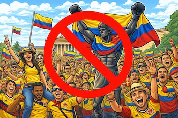 Caricatura de la estatua de Rocky con bandera colombiana y fanáticos eufóricos, con un gran símbolo de prohibición rojo en el centro de la imagen.