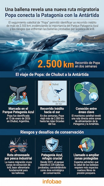 Una ballena jorobada emerge del agua con icebergs y acantilados rocosos de fondo, mostrando la parte superior de su cuerpo y aleta pectoral.