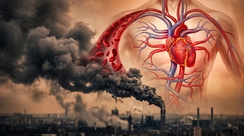 Humo negro de chimeneas industriales transformándose en sangre que fluye hacia el corazón y los vasos sanguíneos de un torso humano.