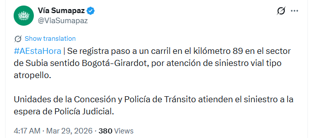 El primer incidente ocurrió sobre las 4:00a.m. en el sector de Subia - crédito @ViaSumapaz/X