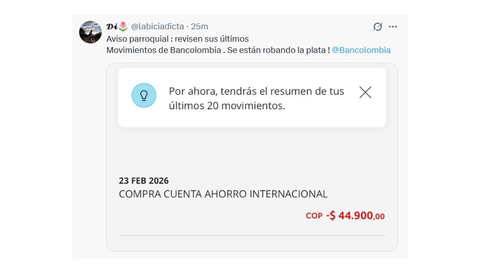 Algunos usuarios han denunciado descuentos no autorizados a nombre de: cuenta ahorro internacional y cuenta ahorro nacional - crédito @labiciadicta / X