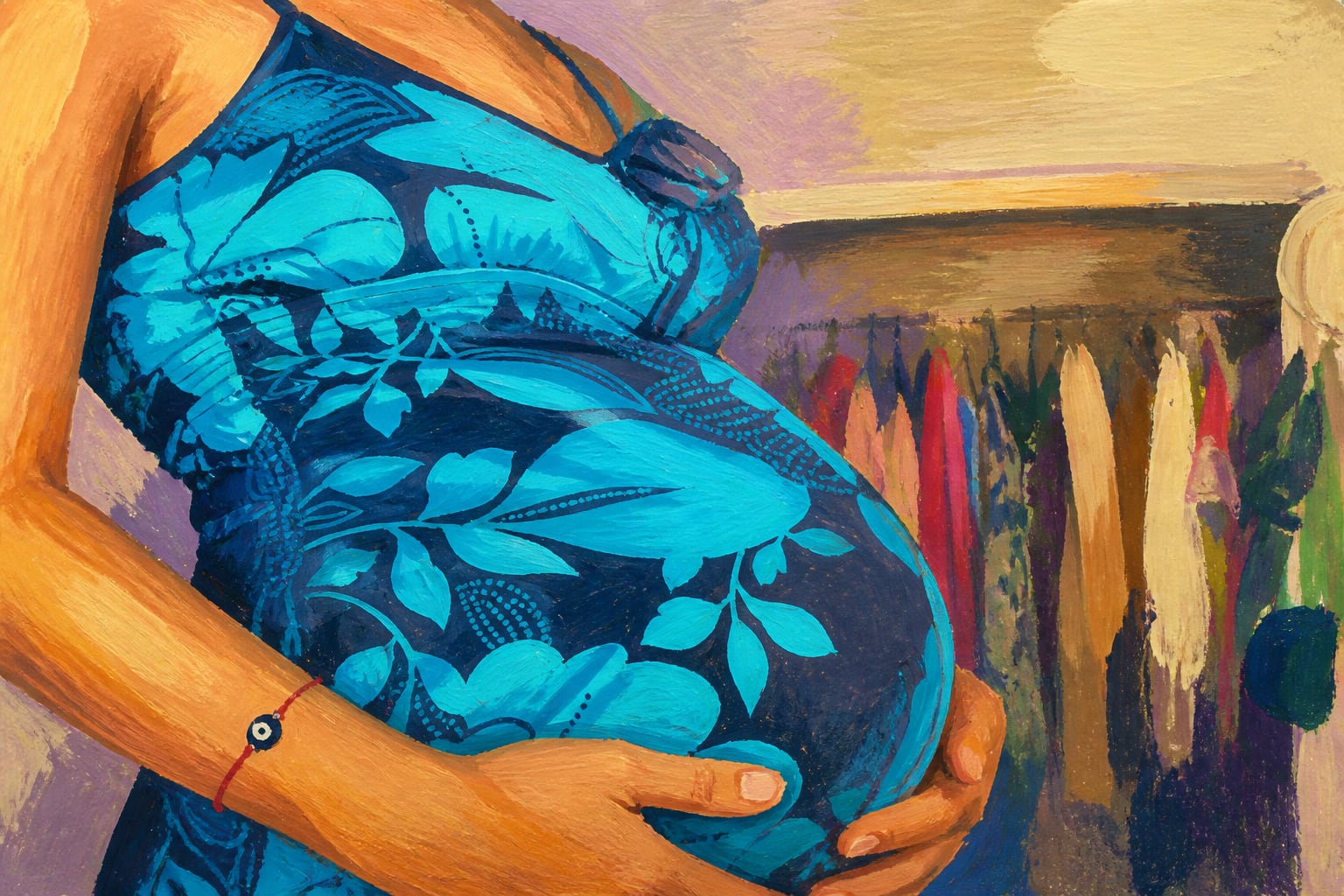 Una mujer embarazada vestida con un diseño azul sostiene su vientre frente a un armario lleno de ropa en una pintura con témperas. (Imagen Ilustrativa Infobae)