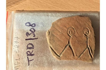 Fragmento de cerámica de color terracota con dos figuras grabadas, dentro de una bolsa de plástico transparente con texto y números