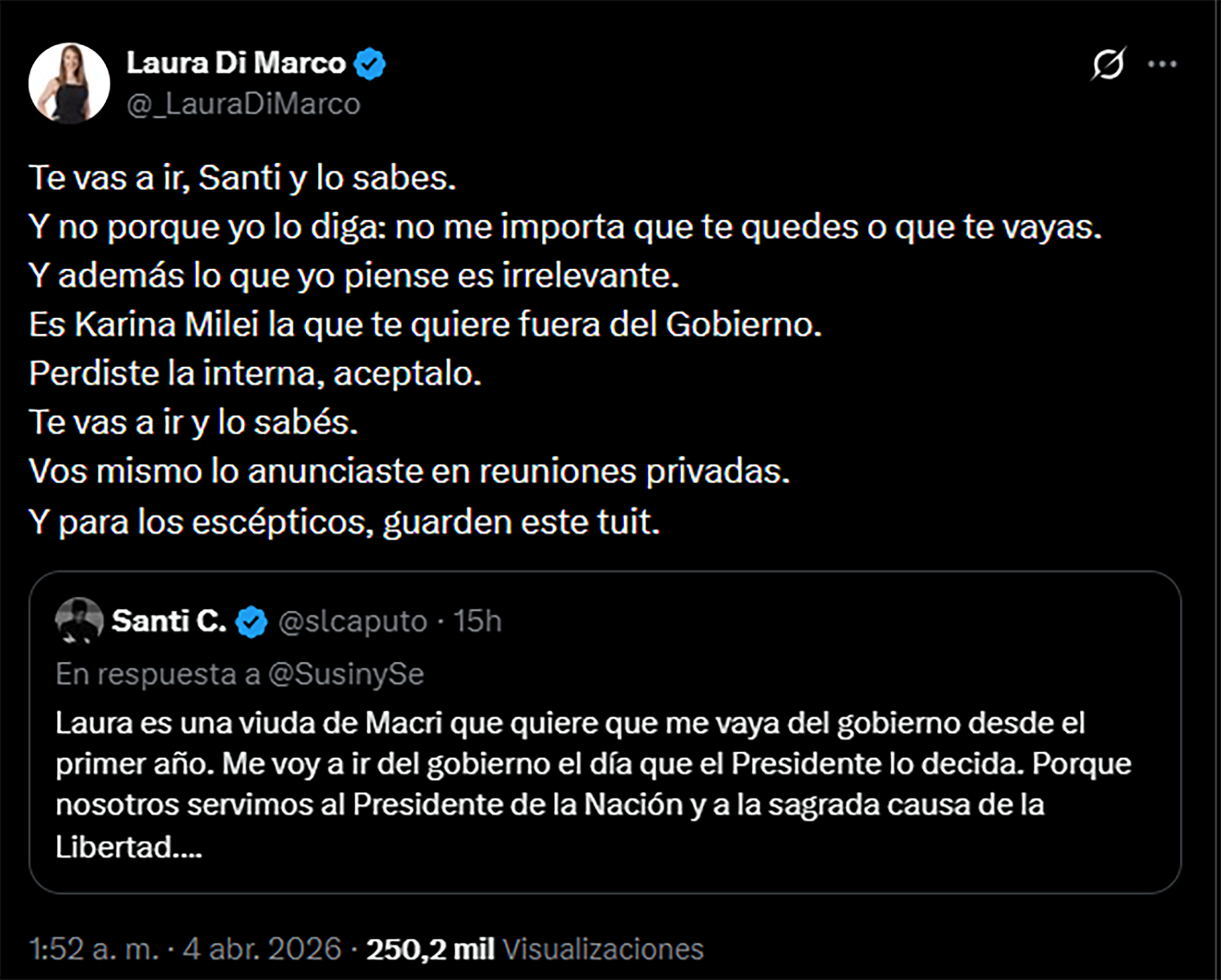 El posteo de la periodista Laura Di Marco y la respuesta de Santiago Caputo en X