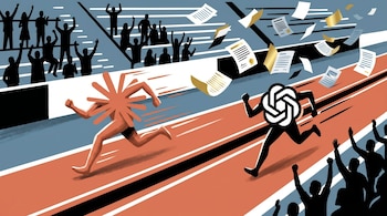 Ilustración audaz. El logo de Anthropic, un asterisco naranja terracota, corre delante del logo de OpenAI, un nudo negro, en una pista. Hay público abstracto en las gradas y papeles de contratos volando.