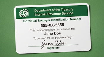 Una tarjeta blanca de Número de Identificación Personal del Contribuyente (ITIN) con detalles verdes sobre un fondo verde. Muestra el nombre Jane Doe y la firma.
