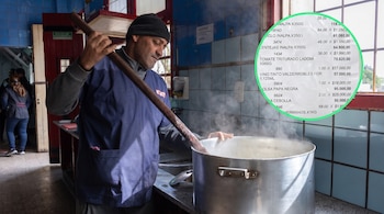 Un hombre con gorro negro y uniforme azul remueve una olla humeante en una cocina. Superpuesto, un recibo muestra una lista de productos y sus precios.