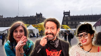 Composición gráfica con tres retratos iluminados en primer plano sobre el Zócalo de Ciudad de México con carpas blancas de fondo.