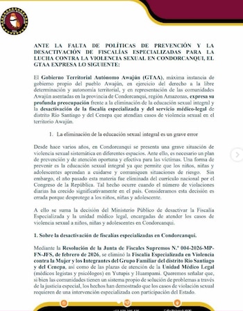 Gobierno Territorial Awajún pide restablecer