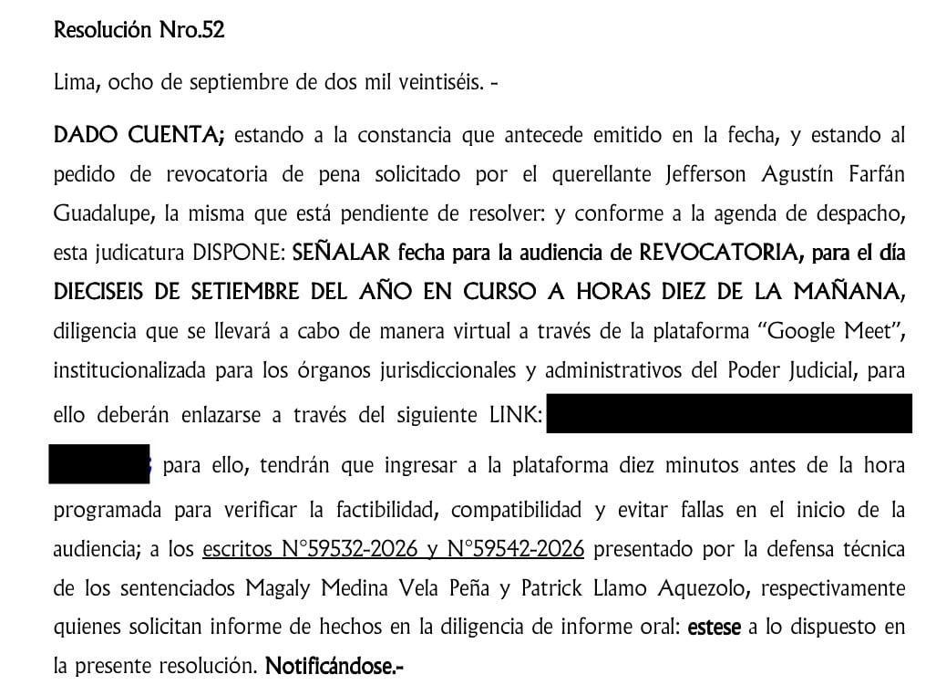 Una resolución del Poder Judicial de Perú programa la audiencia de revocatoria de pena solicitada por Jefferson Farfán contra Magaly Medina para el 16 de septiembre.