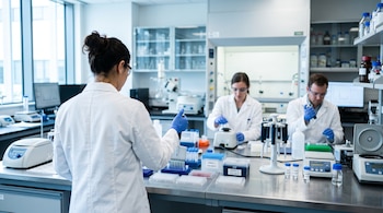 Tres personas con batas blancas y guantes manipulan pipetas, tubos y recipientes sobre las mesas de trabajo de un laboratorio.