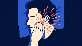 Ilustración de un hombre de perfil sosteniendo su mandíbula sobre una almohada, con líneas rojas y naranjas radiando cerca del oído.