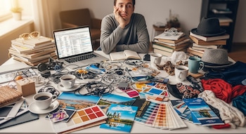 Hombre sentado con la mano en la cara frente a un escritorio blanco lleno de libros apilados, un portátil abierto, varias tazas de café, cables enredados, sombreros, folletos de viaje y paletas de colores.