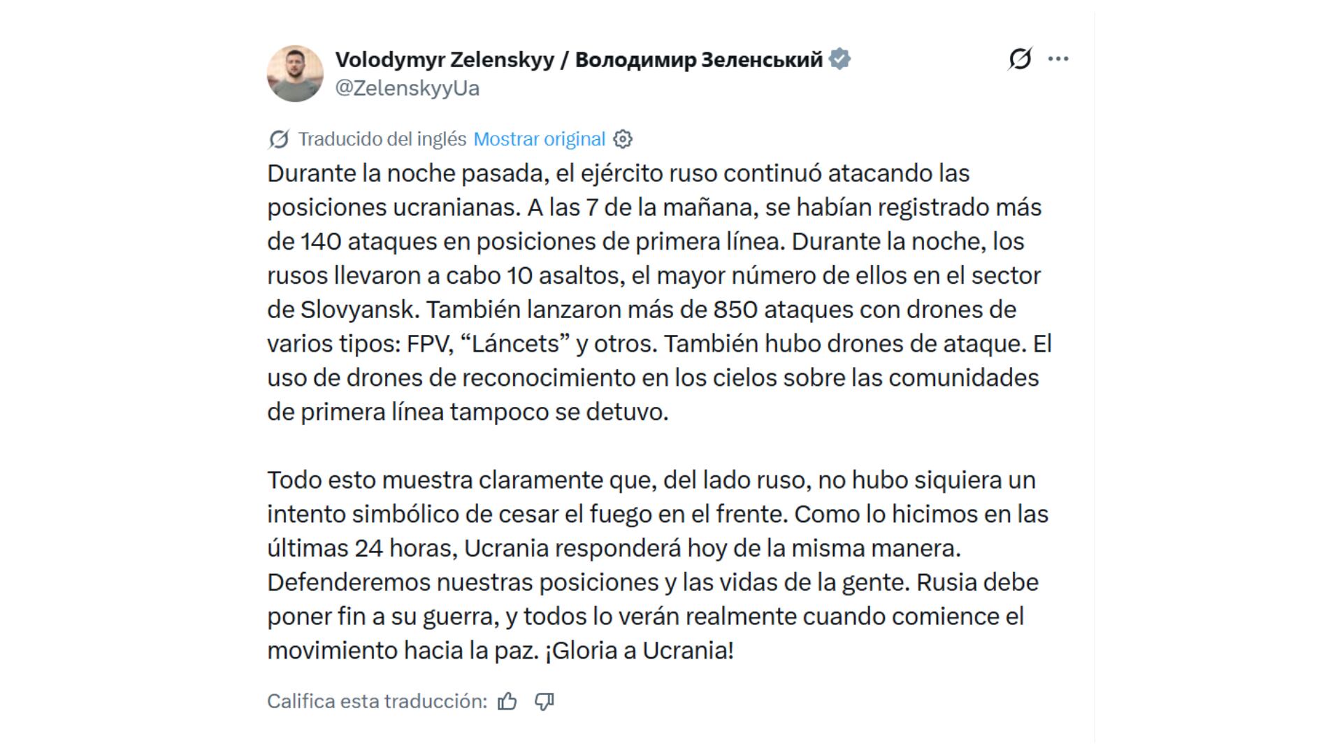 Zelensky denunció que Rusia no respetó en el frente la tregua por el Día de la Victoria y aseguró que responderá los ataques (@ZelenskyyUa)