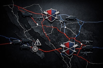 Mapa conceptual de carreteras del noroeste mexicano con líneas rojas y azules, vehículos blindados, armas, escudos con flechas, símbolo de alerta y objetivo.