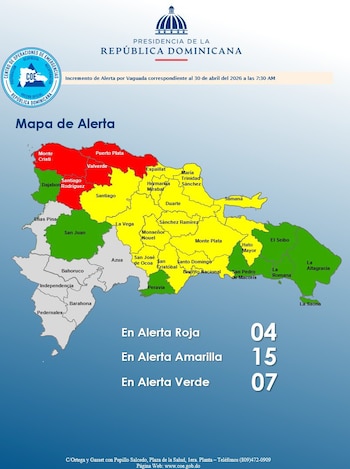 El Ministerio de Educación suspendió clases en Montecristi, Santiago Rodríguez y Valverde para resguardar la seguridad estudiantil ante la alerta máxima. (Foto cortesía COE)