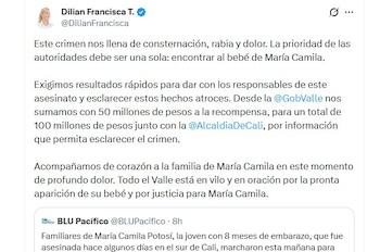 La Gobernación del Valle se sumó a la recompensa ofrecida por la Alcaldía de Cali y elevó a $100 millones el monto por información que permita esclarecer el crimen - crédito @DilianFrancisca/X