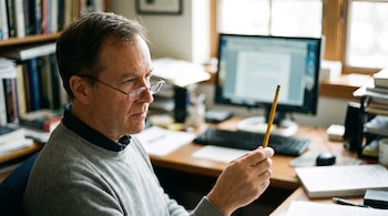 Primer plano de un hombre con gafas que sostiene un lápiz. Al fondo, un escritorio con computadora, teclado, ratón y una estantería con libros.