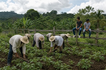 Campesinos con sombreros labran la tierra con azadones en un cultivo verde, mientras dos jóvenes en jeans se sientan en una cerca de madera.
