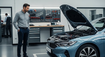 Un hombre de pie observa un automóvil eléctrico azul con el capó abierto dentro de un taller. Se ven herramientas en la pared y un escritorio.