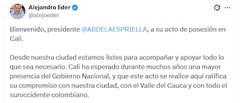 Alejandro Eder respaldó la posesión de Abelardo De La Espriella en Cali el 7 de agosto y afirmó que la decisión reconoce al suroccidente colombiano - crédito @alejoeder/X